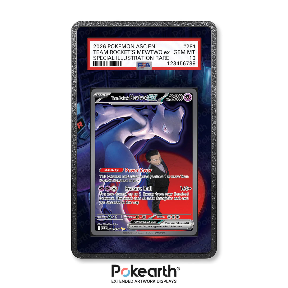 Team Rocket's Mewtwo ex 281/217 - Graded Card Extended Artwork Display Case - Display Case Extended Artwork Pokearth