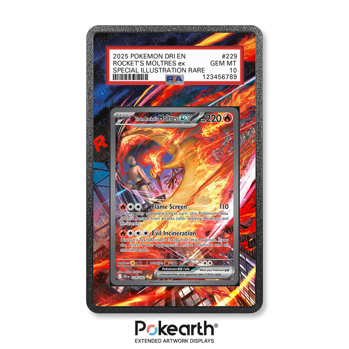 Rocket's Moltres ex 229/182 - Graded Card Extended Artwork Display Case - Display Case Extended Artwork Pokearth
