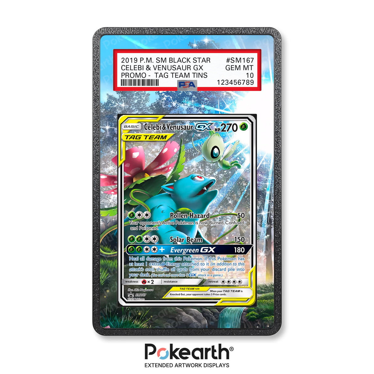 Celebi & Venusaur GX SM167- Custodia con Artwork Esteso per Carte Gradate - Display Case Extended Artwork Pokearth
