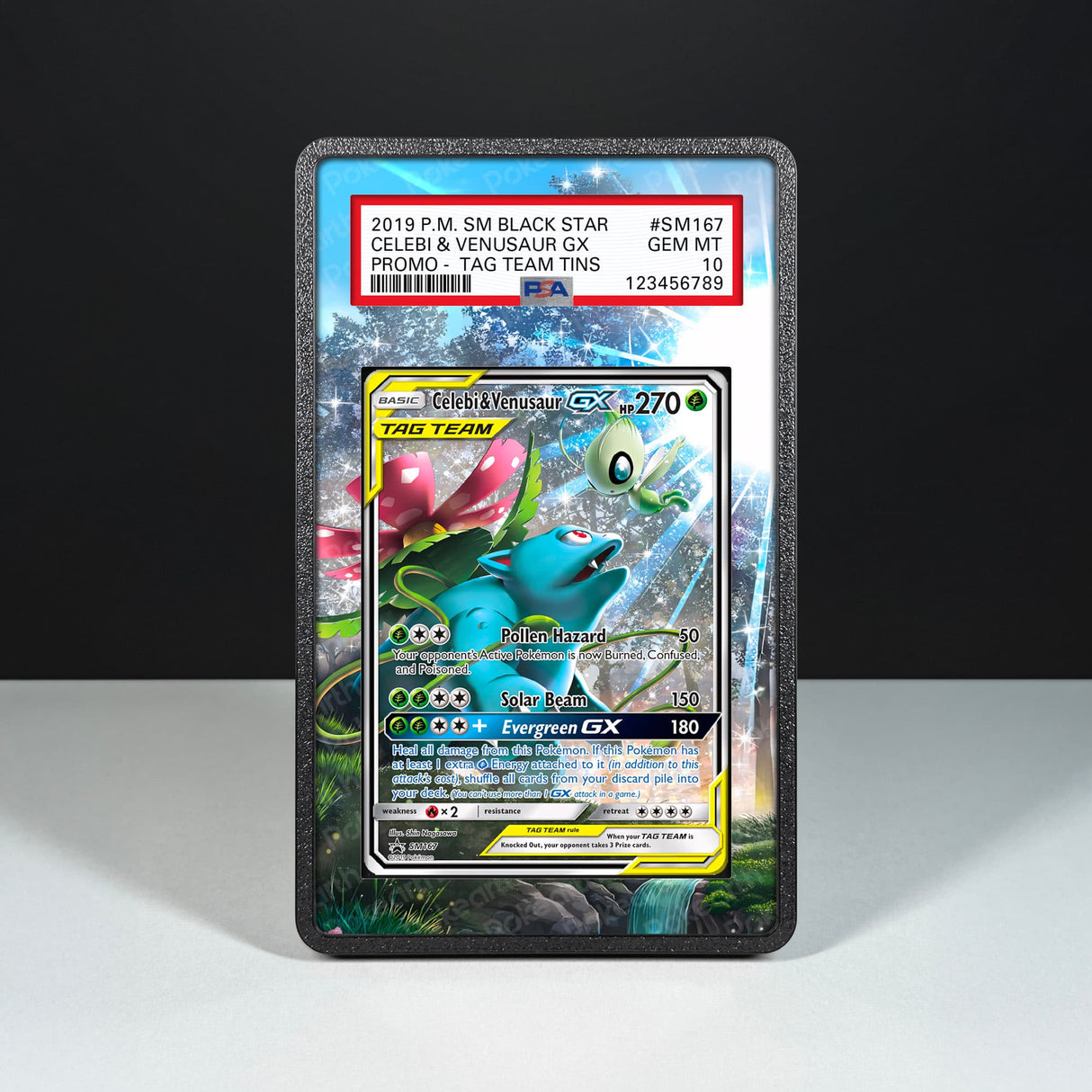 Celebi & Venusaur GX SM167- Custodia con Artwork Esteso per Carte Gradate - Display Case Extended Artwork Pokearth
