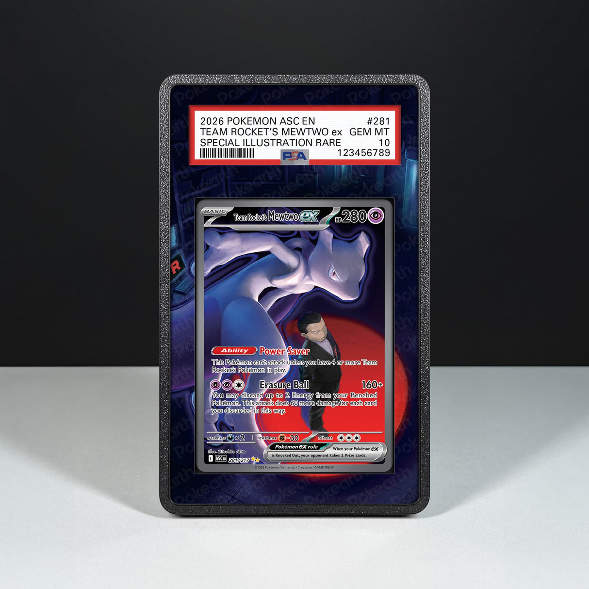 Team Rocket's Mewtwo ex 281/217 - Graded Card Extended Artwork Display Case - Display Case Extended Artwork Pokearth